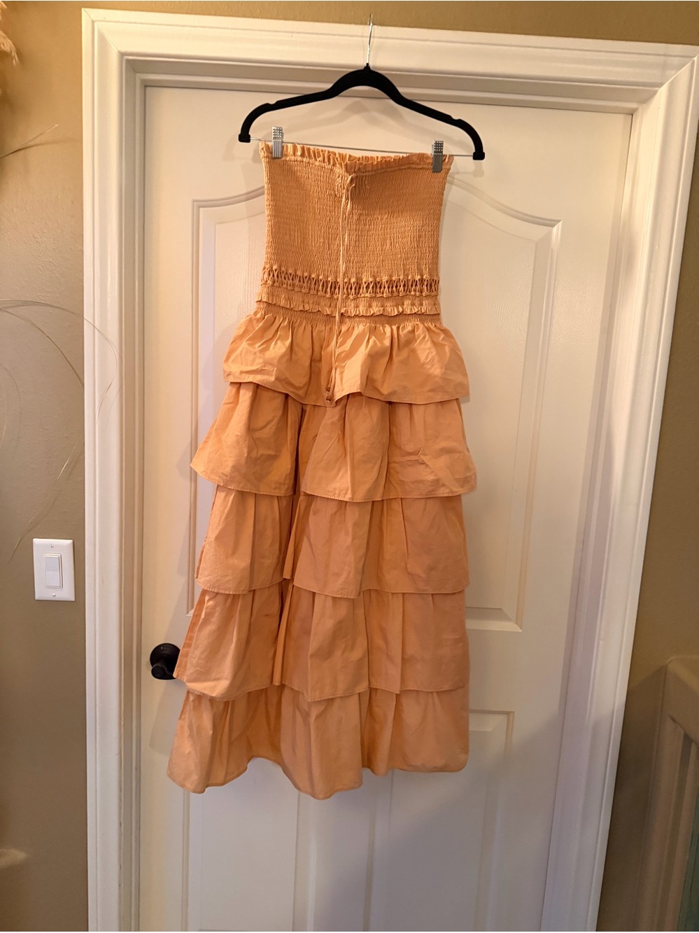 Free PeopleStrapless Tiered Ruffle Maxi Dress in Peachy cream tan